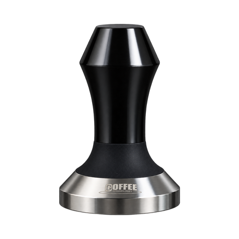 58mm coffee tamper with a black handle and stainless steel base